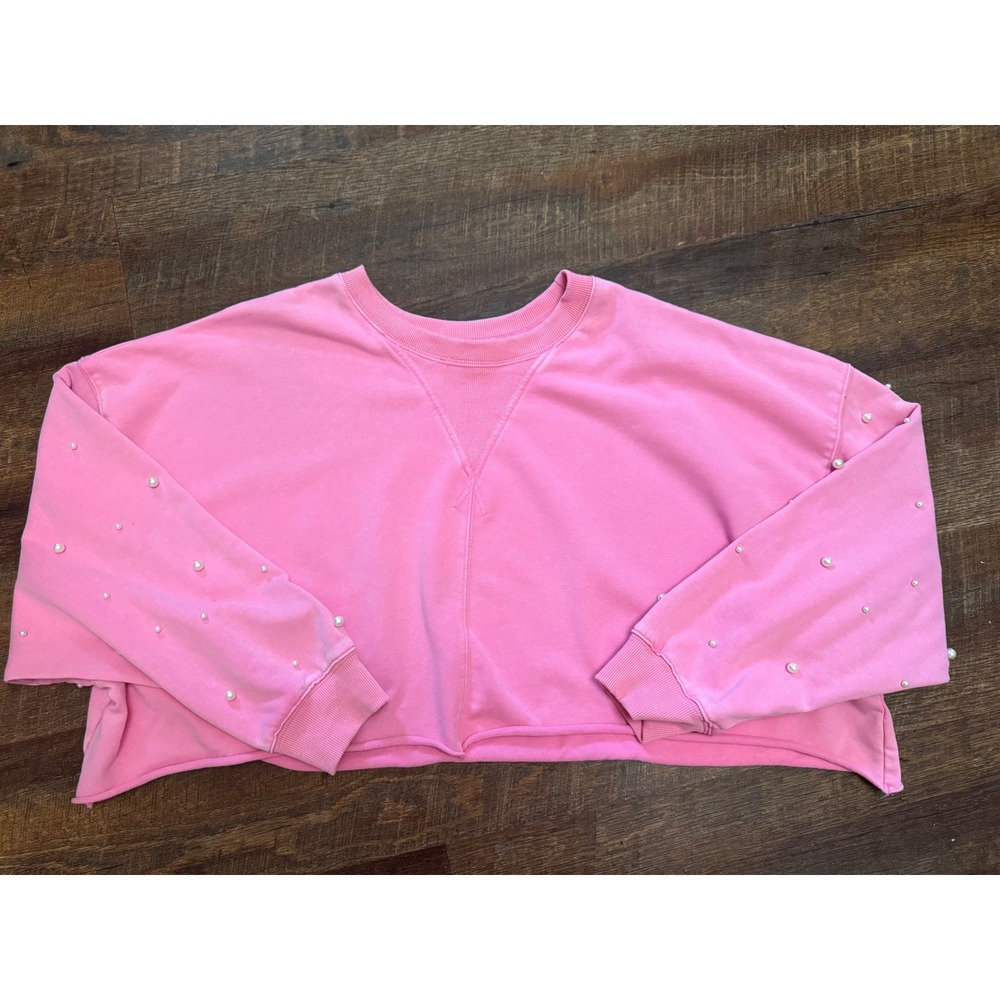 Peach Love Pink Pearl Sleeve Cropped Sweatshirt Women Medium Oversized
